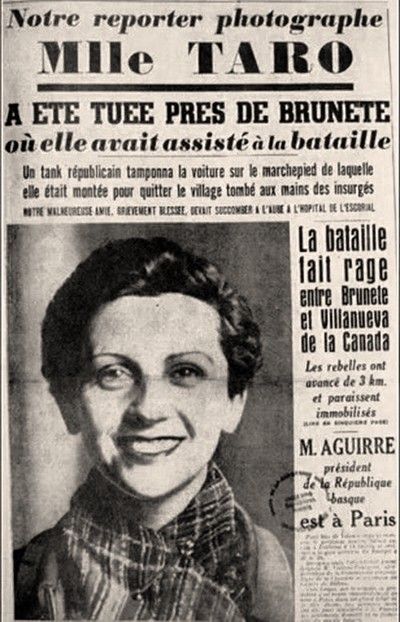 A French paper’s announcement that Gerda Taro had died covering the war.