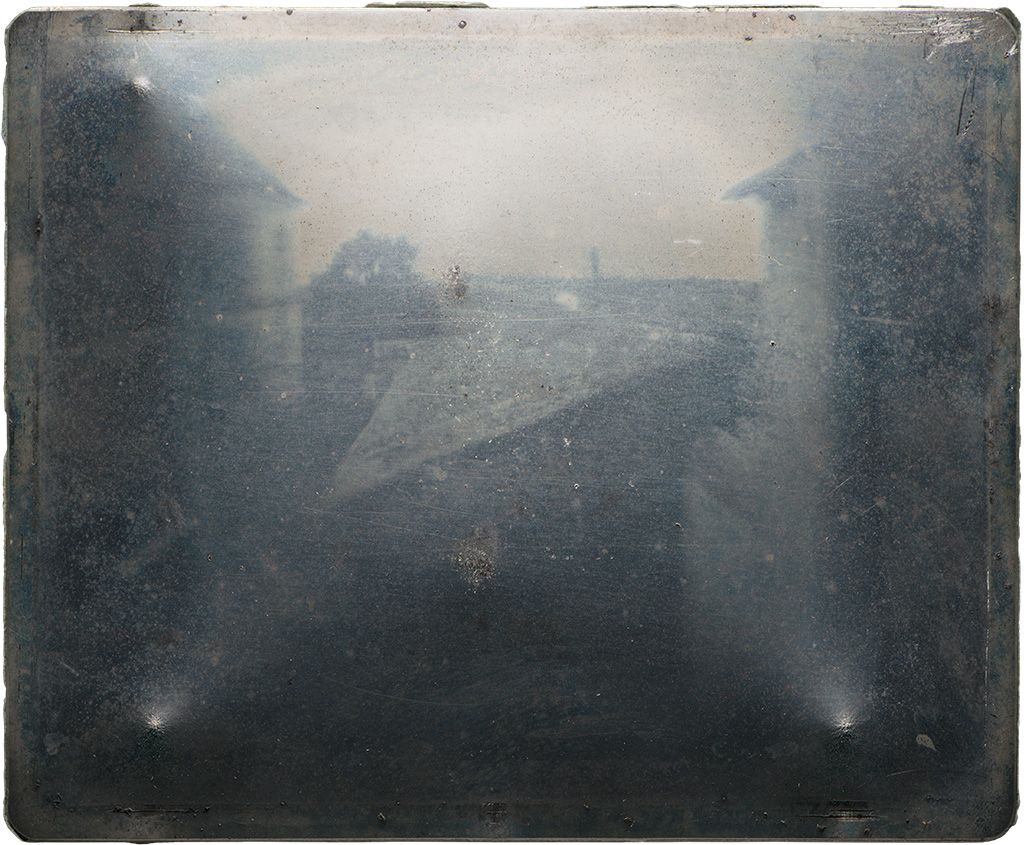 The earliest surviving photograph produced in the camera obscura: Joseph Nicéphore Niépce (French, 1765–1833), Untitled ‘point de vue,’ 1827.