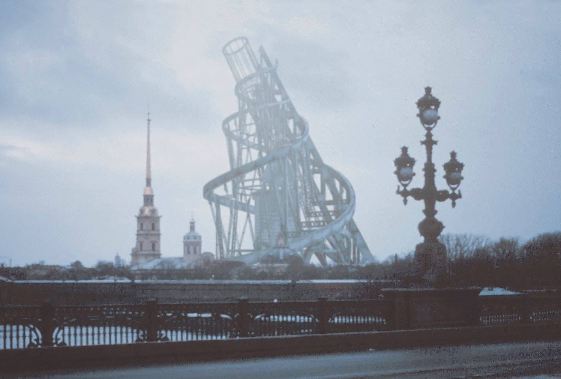 A render of what the tower would have looked like in the St. Petersburg skyline, so fuzzy you could mistake it for something real. Taken from an animated clip by Takehiko Nagakura, who focuses on visualizing unbuilt monuments.