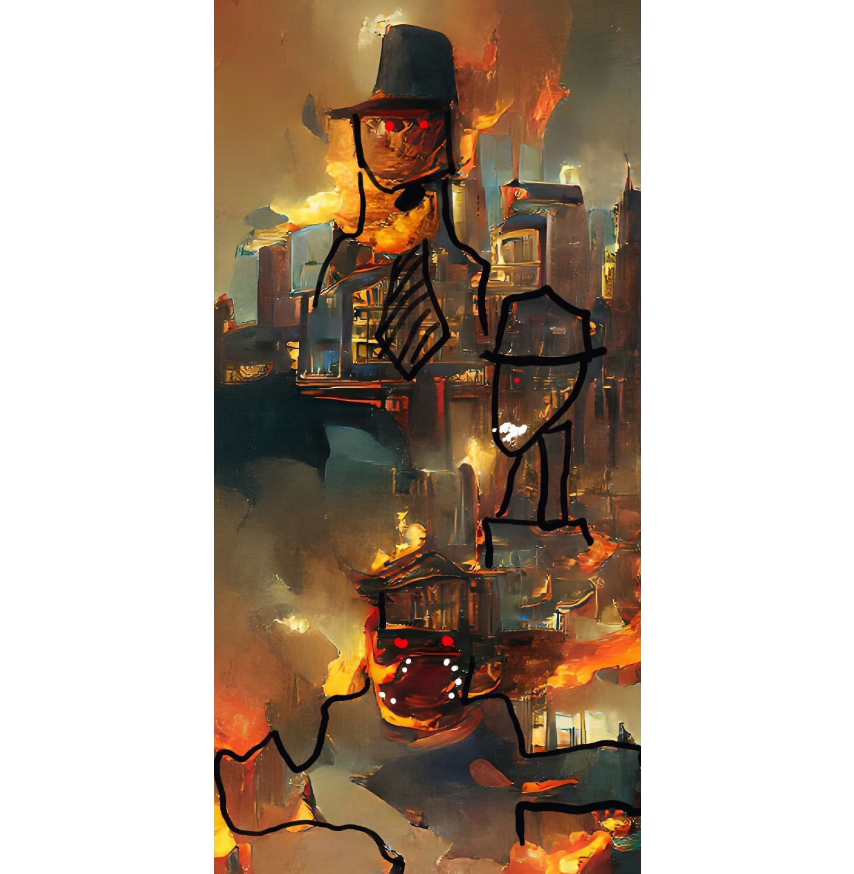 A typical “early Wombo” dream-image full of fire and buildings has been crudely traced over to suggest human-ish forms with red eyes, black hats, and white teeth.