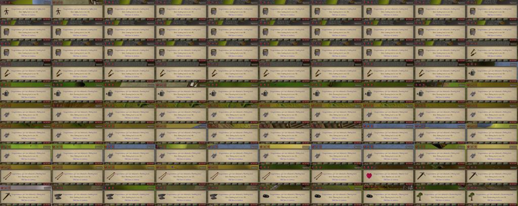 A ten-by-ten grid of level-up messages in the Old-School RuneScape interface, with slivers of map showing behind them.