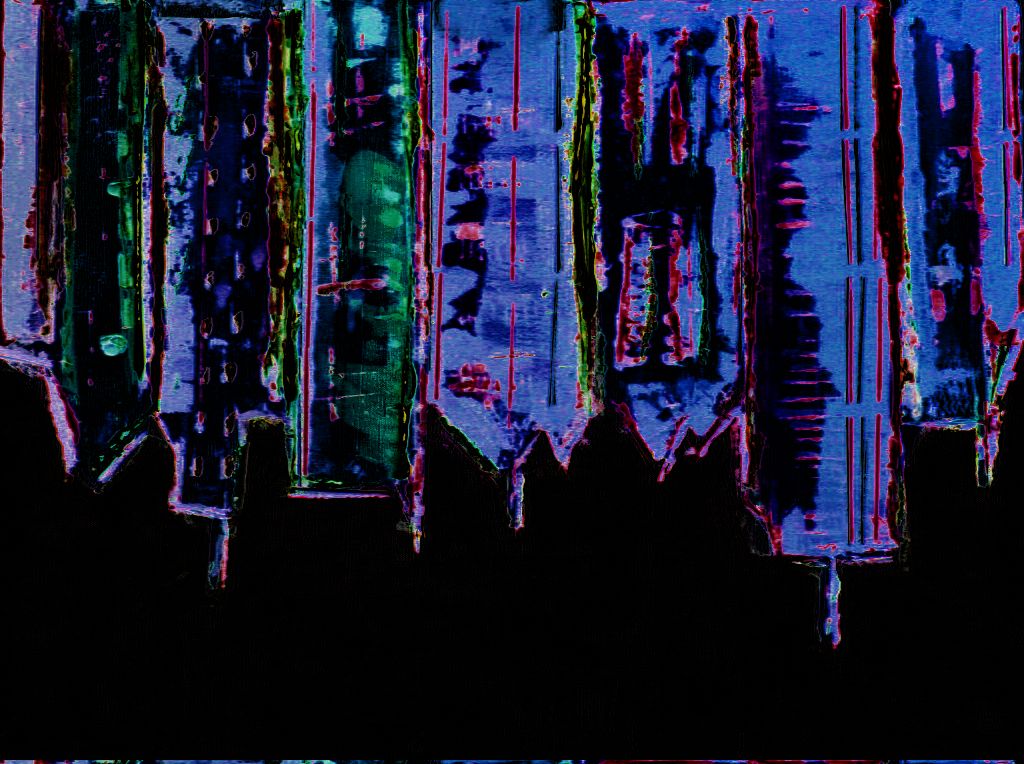 An inverted messy blue and indigo skyline descending into a black earth.