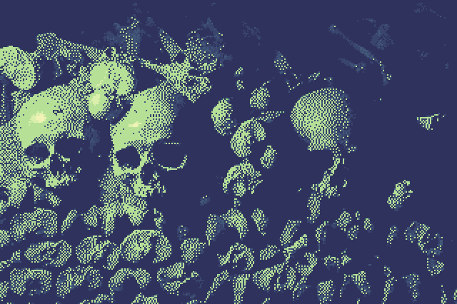 Some skulls set into a wall, dithered in shades of black and green.