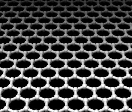 A black square filled with gray interlocking hexagons, the molecular structure of graphene.
