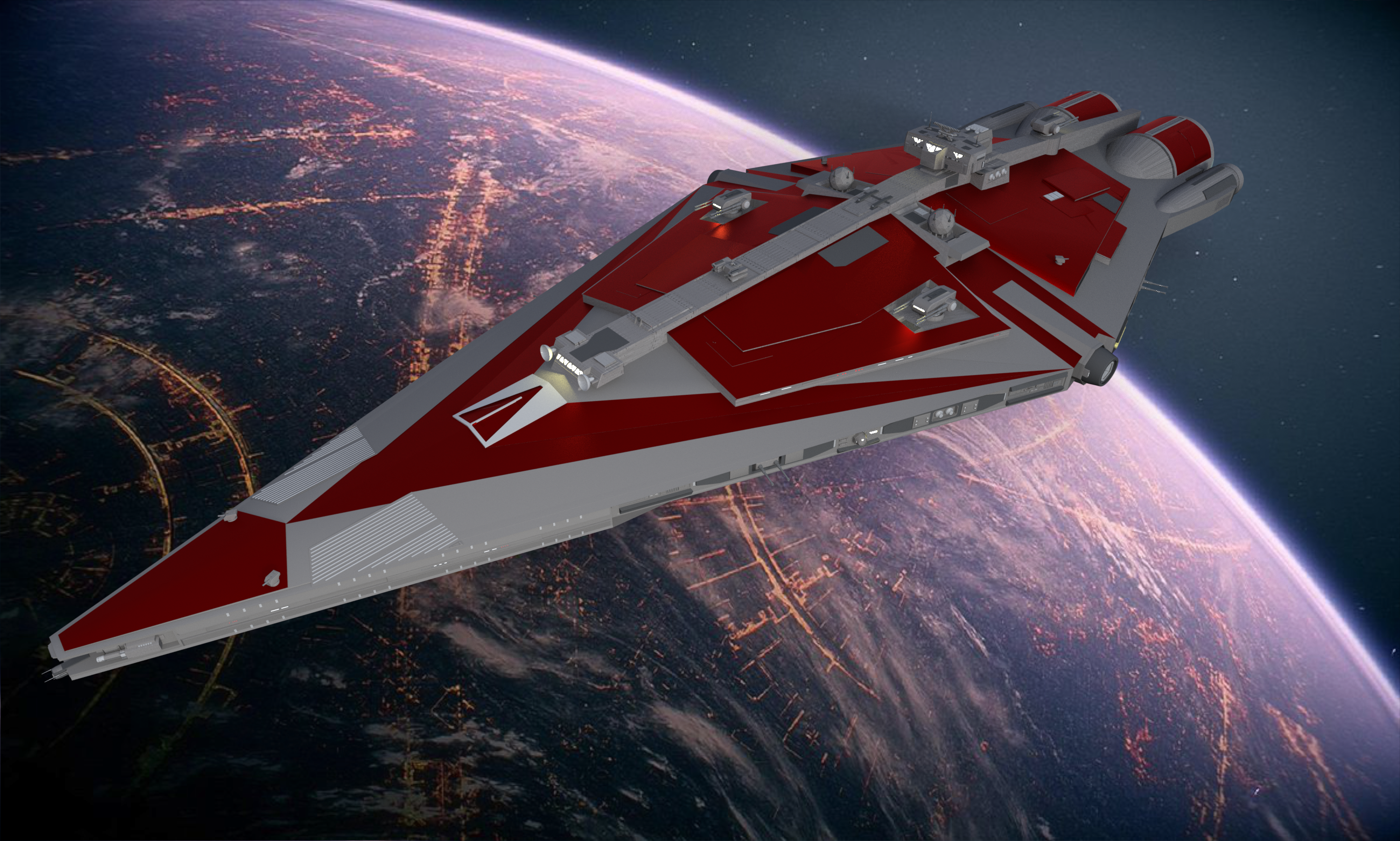 A star destroyer painted dark red in orbit around a planet with lights on its surface.