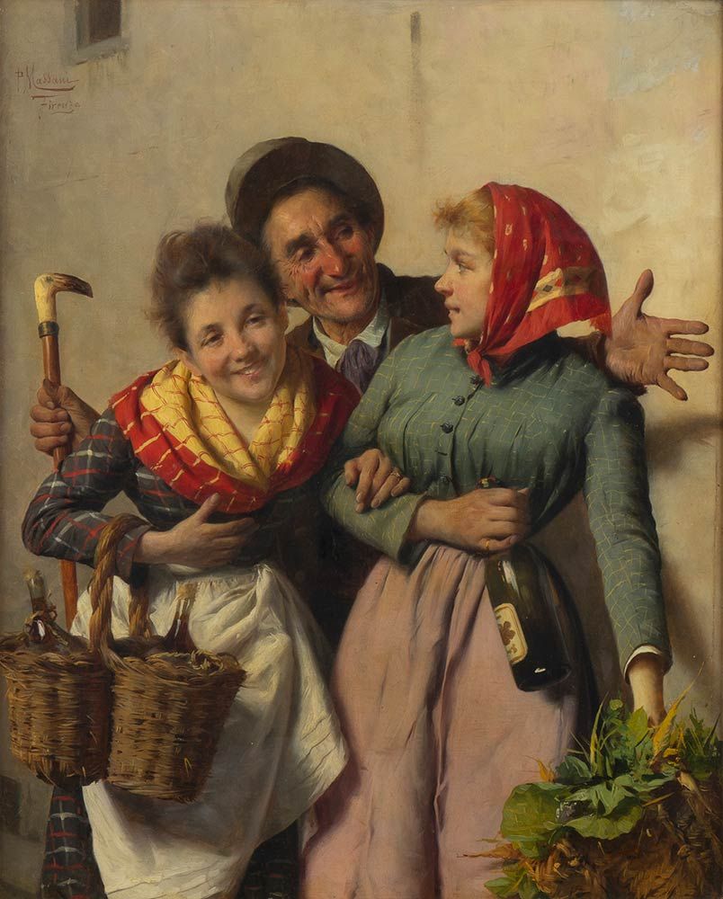 An oil painting. An old man in a suit holds his arms out behind the shoulders of two younger women with groceries and wine.
