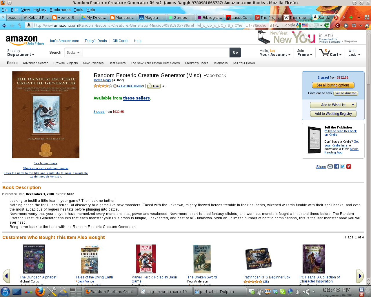 A screenshot from a desktop computer of Amazon open in a browser. The item is The Random Esoteric Creature Generator, available used from $932.65.