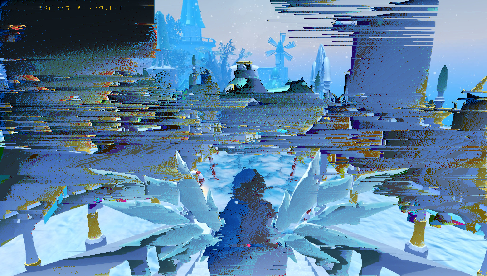 A character who has just unlocked their max cape looks out over a glitched blue landscape. She looks away from the camera and is framed by giant icy wings coming from her back.