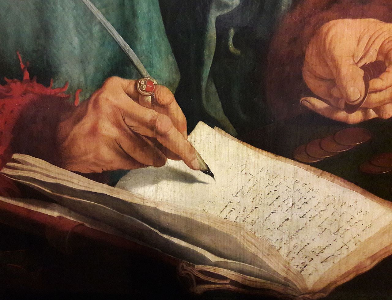 A detail from an old painting of someone writing in a book. One hand holds a quill with a jeweled ring and the other holds a coin.