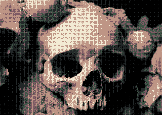 A close-up of a human skull set into a wall, with indecipherable characters in the dither pattern.
