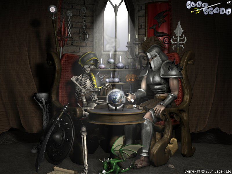 Early CGI rendering of a knight and a skeleton seated at a table surrounded by weaponry. A small green dragon plays under the table, and on it is a glowing map-globe.
