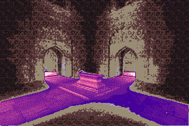 In a dark, patterned room with a single stone sarcophagus in the middle, light spills onto in from each of two perpendicular doorways, in an unnatural pink-purple glow.