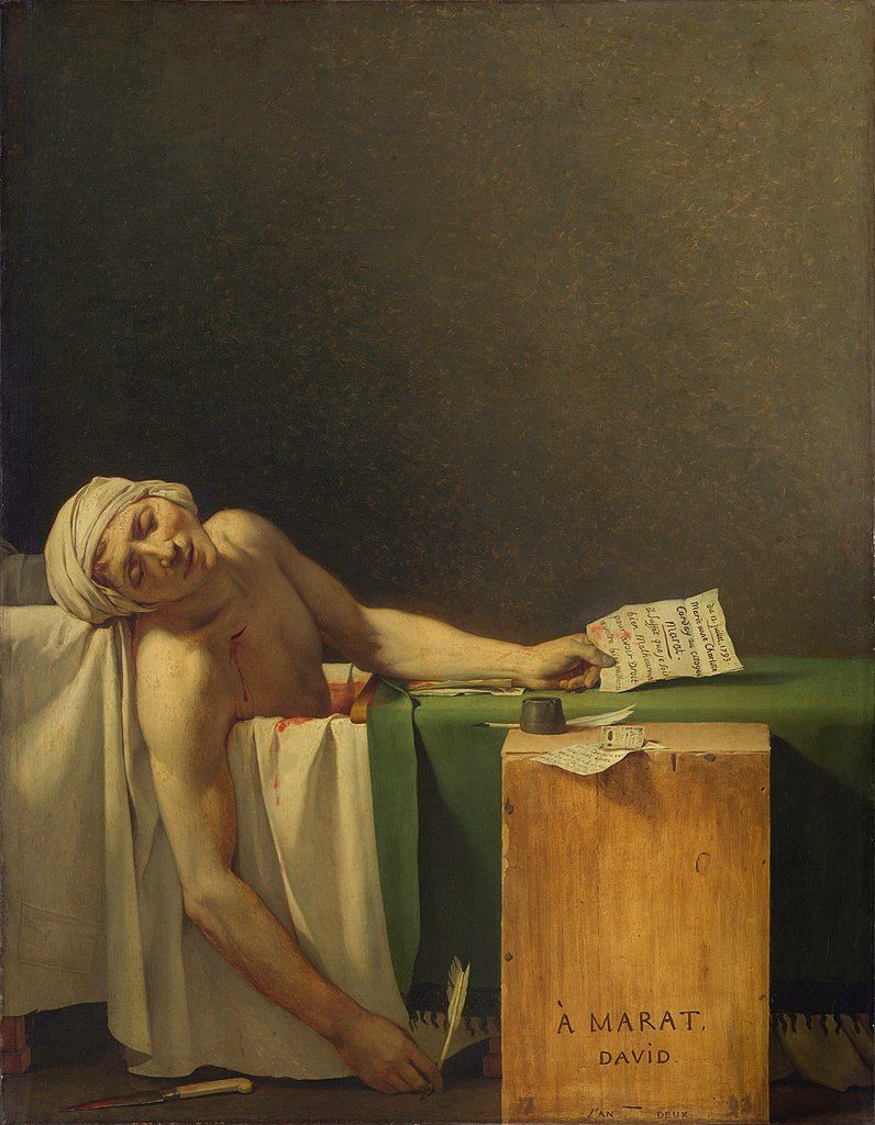 A pale nude man in a white turban sits dead in a tub, a thin puncture over his heart and a bloody knife on the ground. In his left hand he holds a paper and in his right hand, fallen to the ground, he still holds a quill.