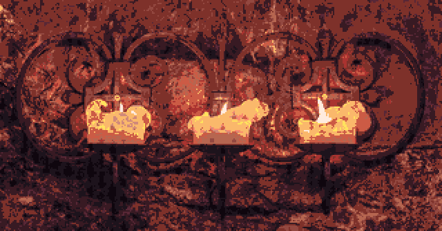 Three blurry candles in muddy bronze colors.