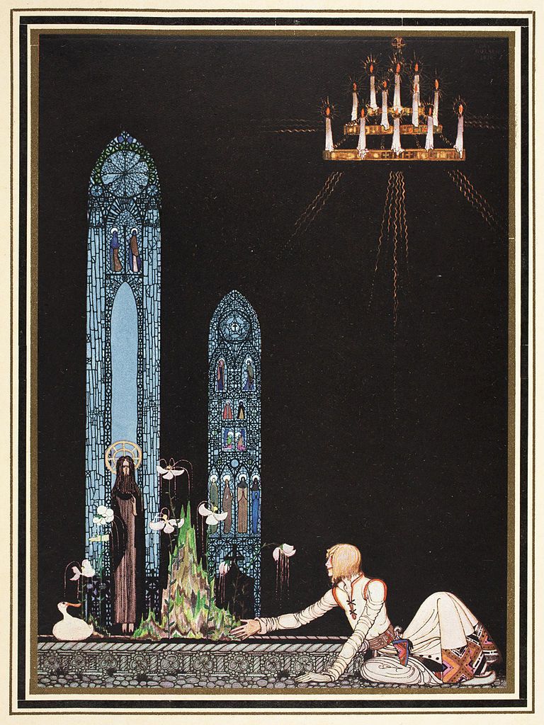 Most of the illustration is black. A figure in white reaches out across the floor to a duck sitting below a pair of stained-glass windows. A chandelier hangs above him.