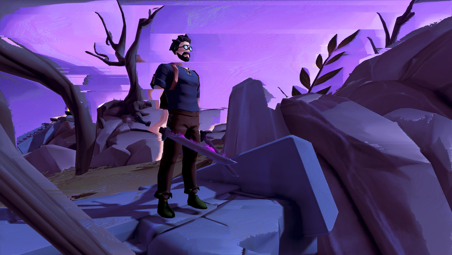 A man with a backpack and thick blue goggles holds a glowing purple sword and looks into the distance against a glitchy purple landscape.