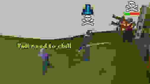 A heavily compressed RuneScape screenshot. One player is walking off-screen and saying something, while two other players are skulled.