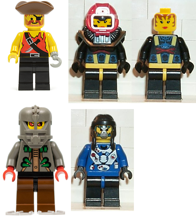 Five LEGO minifigures: a pirate with a hook hand, a female diver with and without diving helmet, a red-eyed individual with an organic gray helmet, and a figure with two long black braids of hair and a diving mask on their face.