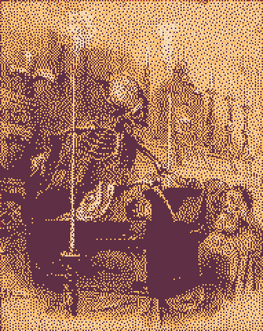 A pixelated drawing of a skeleton in a miter sitting upright in its coffin, to the shock of onlookers.