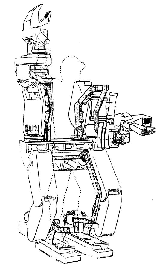 Line drawing of a blocky industrial machine piloted by an outline of a man. It has two claw arms and big flat feet.