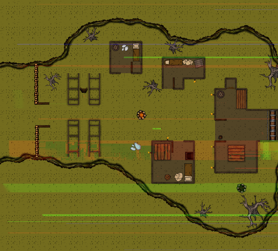 A map of the goblin village with bands of green and red spots running across it horizontally.
