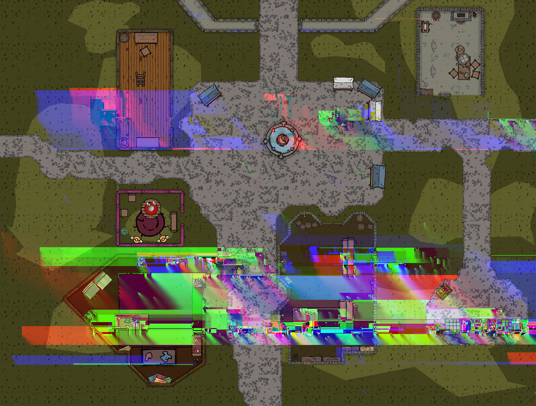 A map of Varrock city square with two bright primary-color horizontal bands smeared across it.