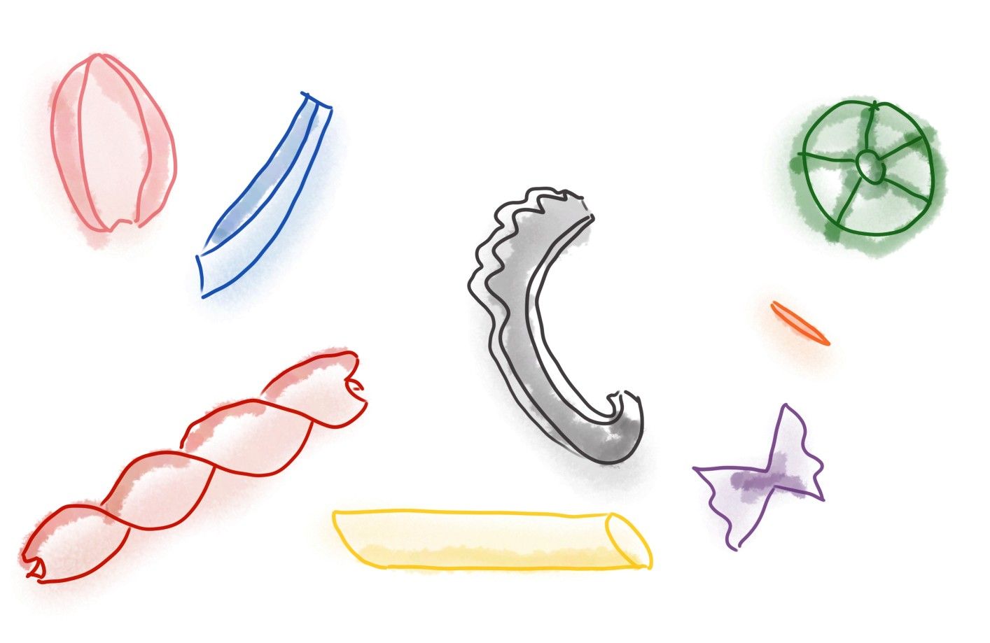 A digital watercolor drawing of the 8 pasta shapes: shells, twins, spindles, quills, waterfalls, wheels, barley, and butterflies. They are fancifully colored against a blank white background.