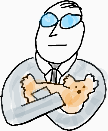 A balding man with pale skin and thick blue glasses shown from roughly the waist up, is holding a small dog in his crossed arms with a blank expression.