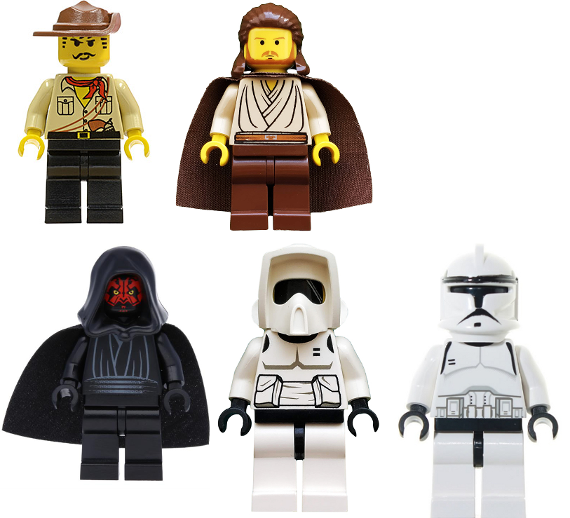 Five LEGO minifigures: an Indiana-Jones-type adventurer, clearly Qui Gon Jin, Darth Maul, an Endor Storm Trooper and a normal Storm Trooper.