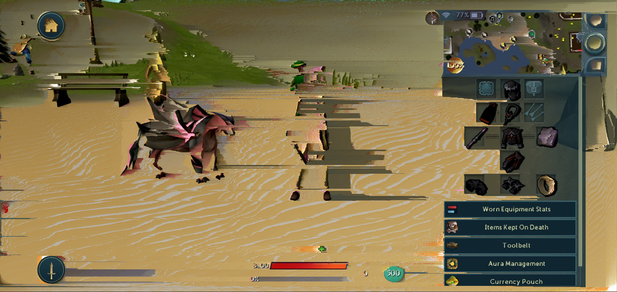 A character crossing the desert is mostly obliterated by a horizontal glitch, but their equipment loadout is still visible.