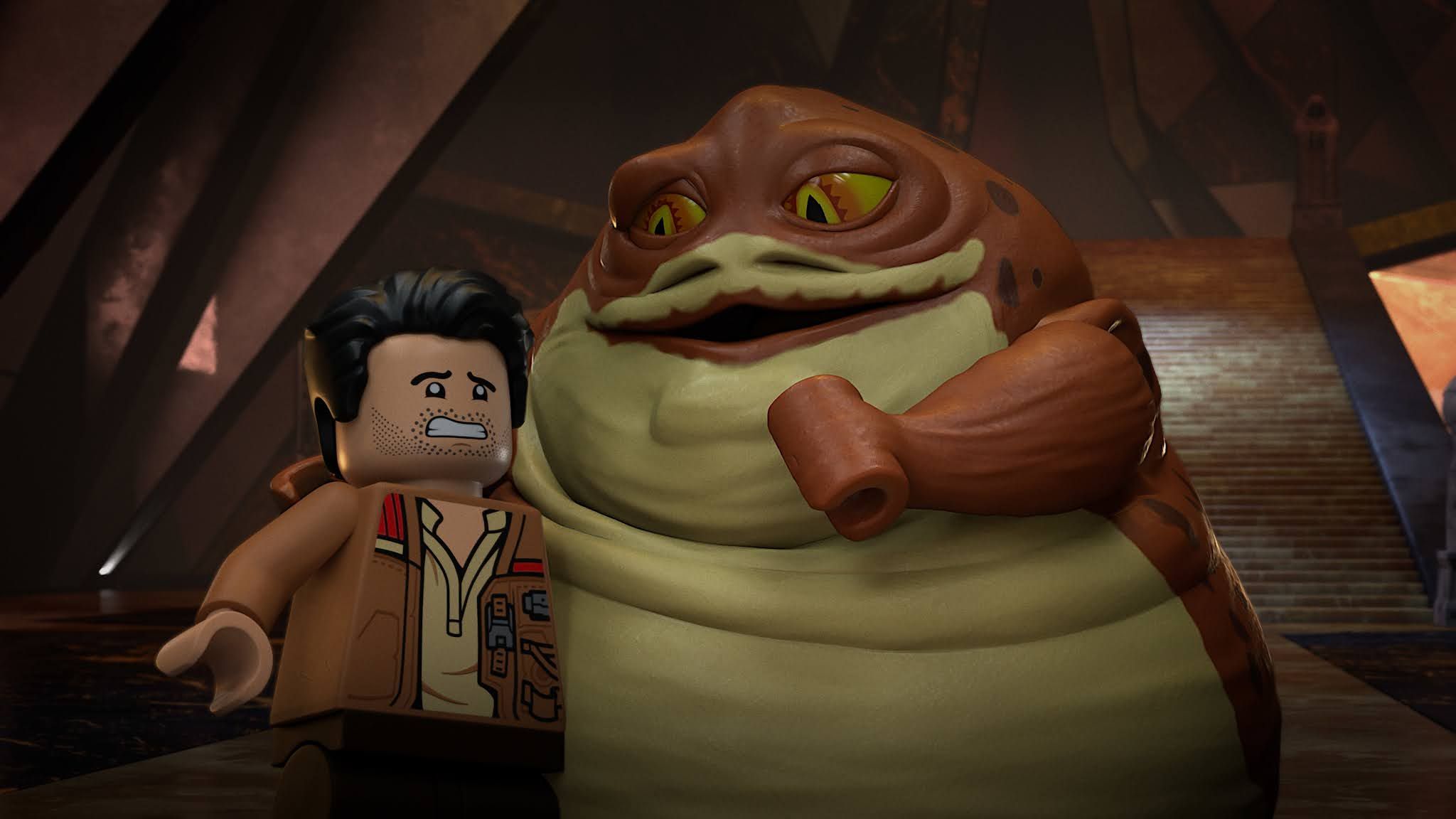 A CGI Lego Hutt talks to a nervous-looking Lego smuggler-type.