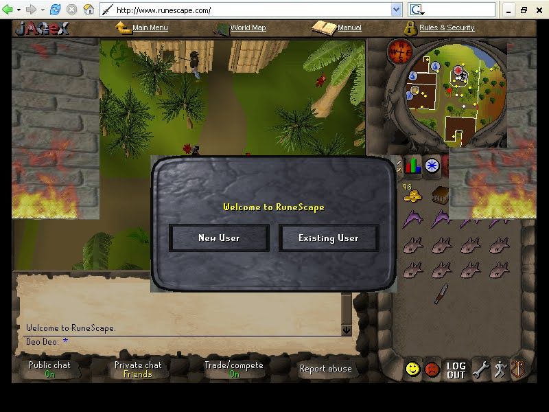 A Windows XP screenshot or the old RuneScape interface, but the animated torches and the login prompt are still rendered over the game.