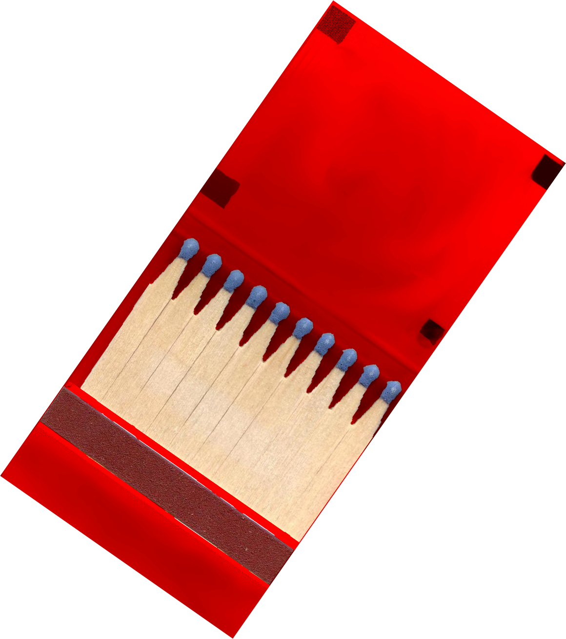 An open red matchbook with ten blue-tipped matches in it.