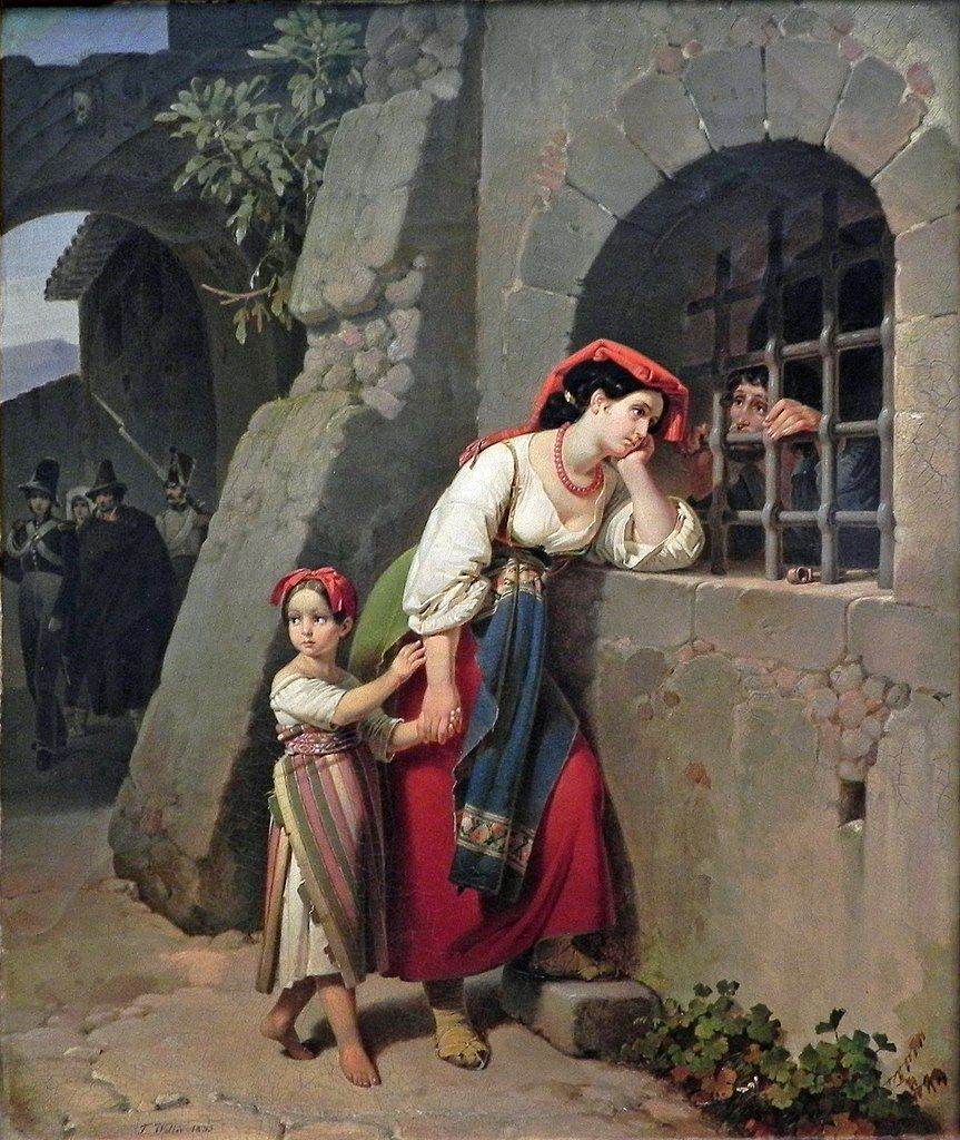 An oil painting. A bored woman leans outside a barred windowsill, talking to someone through it. A small child pulls her away while looking over her shoulder; there is a troop of guards around the corner.