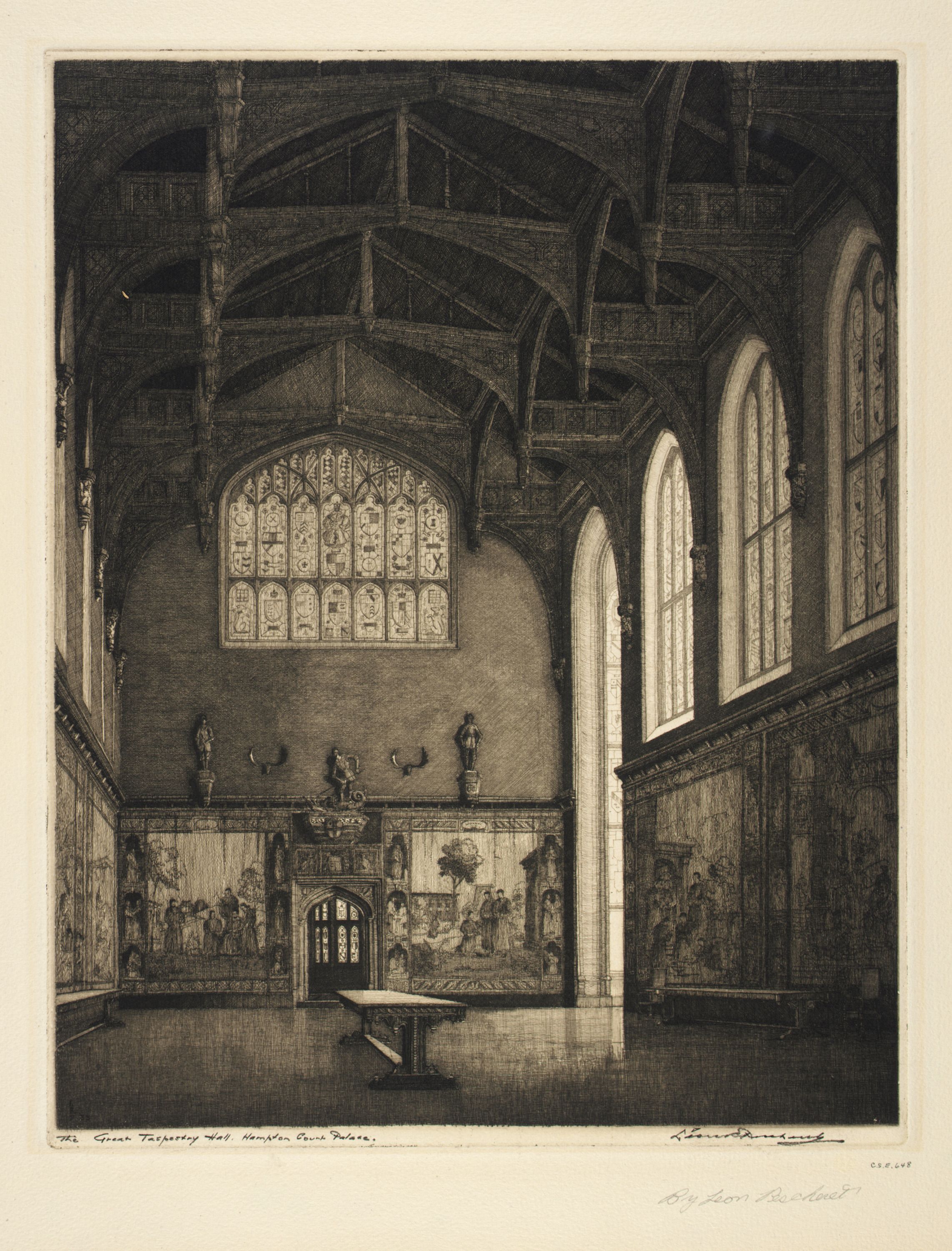 An etching of a tall spare room with long stained-glass windows and a full-height doorway. Around the base of the walls hang tapestries. The floor is empty but for a single bench.