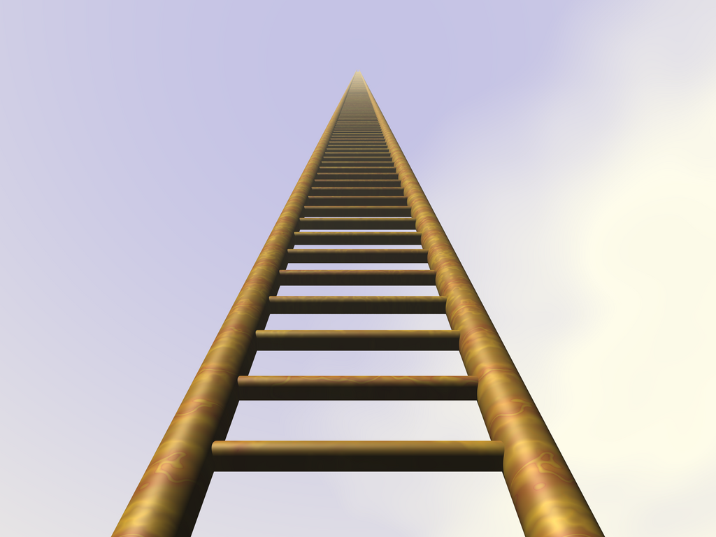 View up a smoothly-rendered CGI ladder on a sky-like gradient, receding into the distance.