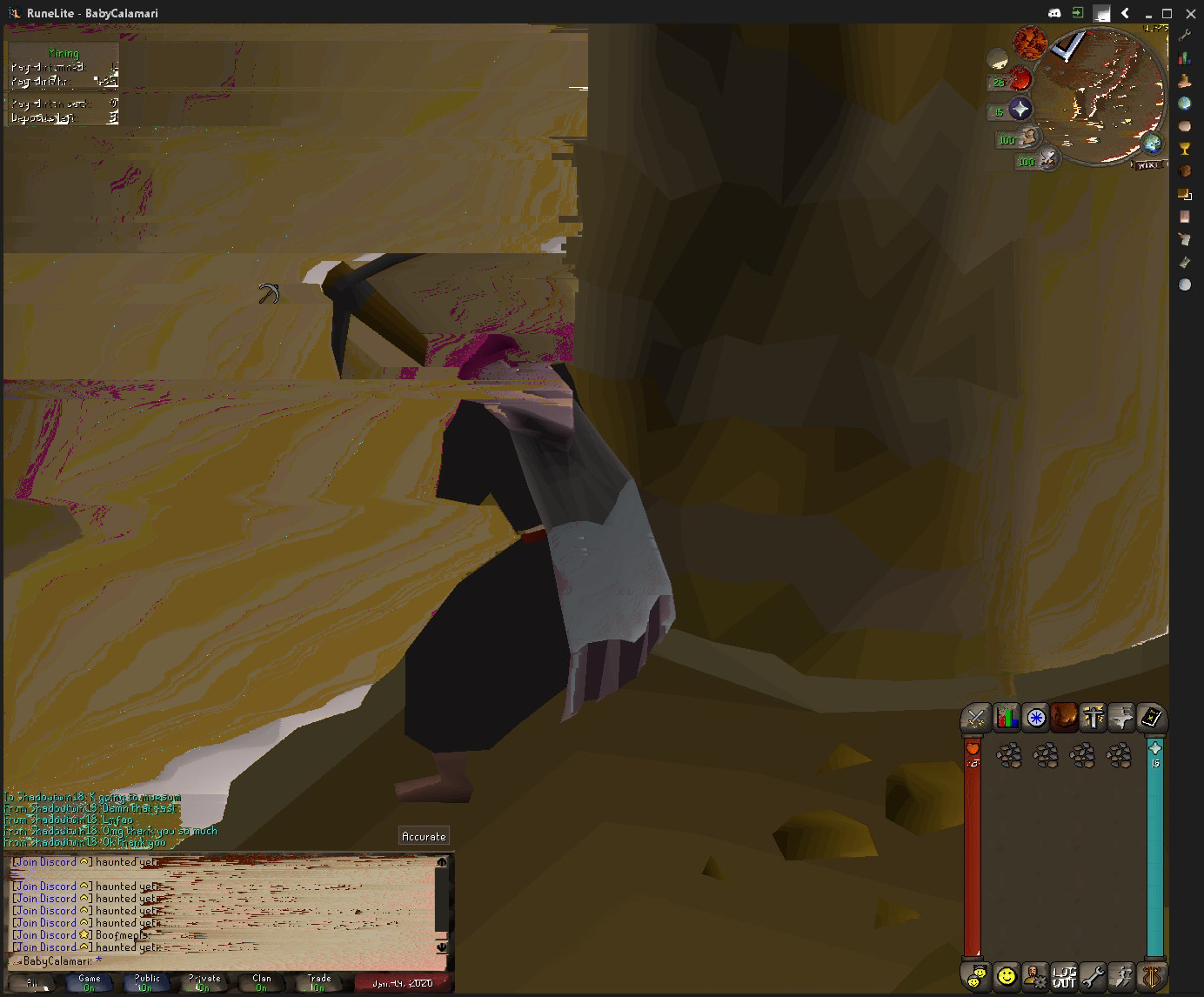 A distorted screenshot of a RuneScape character mining a vein of ore.
