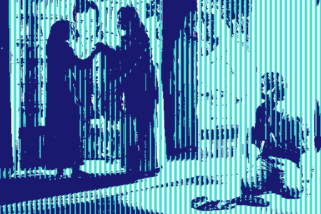Two dark robed figures face each other holding hands. To their right, in the foreground, a man kneels and watches them. In the center, from behind a curtain, half a third robed figure can be seen. The whole image is blue-tinted and dominated by vertical cyan artifacts.