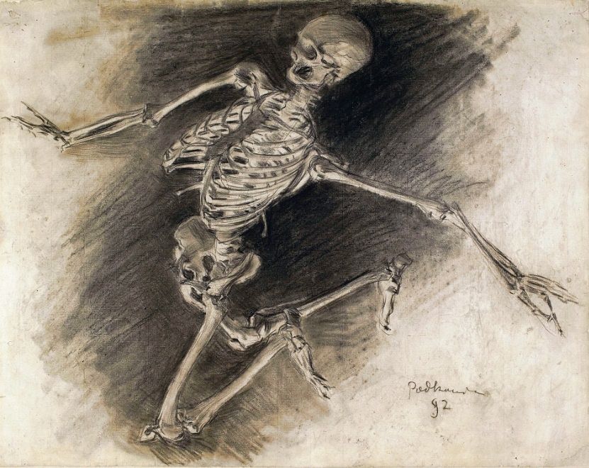 A charcoal drawing of a skeleton viewed from a high angle as it is apparently running or falling.