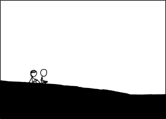 Two stick figures sit on a hill, watching something off-panel.