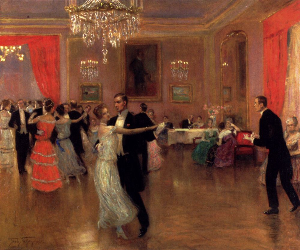 A painting of people dancing in modern formal wear in a chandelier-lit ballroom with red curtains and tall mirrors.