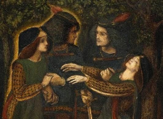 Two pairs of doppelgangers meet in the forest: a man in a blue tunic with a red feather in his cap and a woman in a green dress with a blue cloak. One of the men holds a sword, and on of the women is fainting.