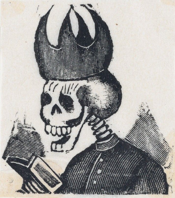 A print of a skeleton wearing a bishop’s mitre and reading a book.