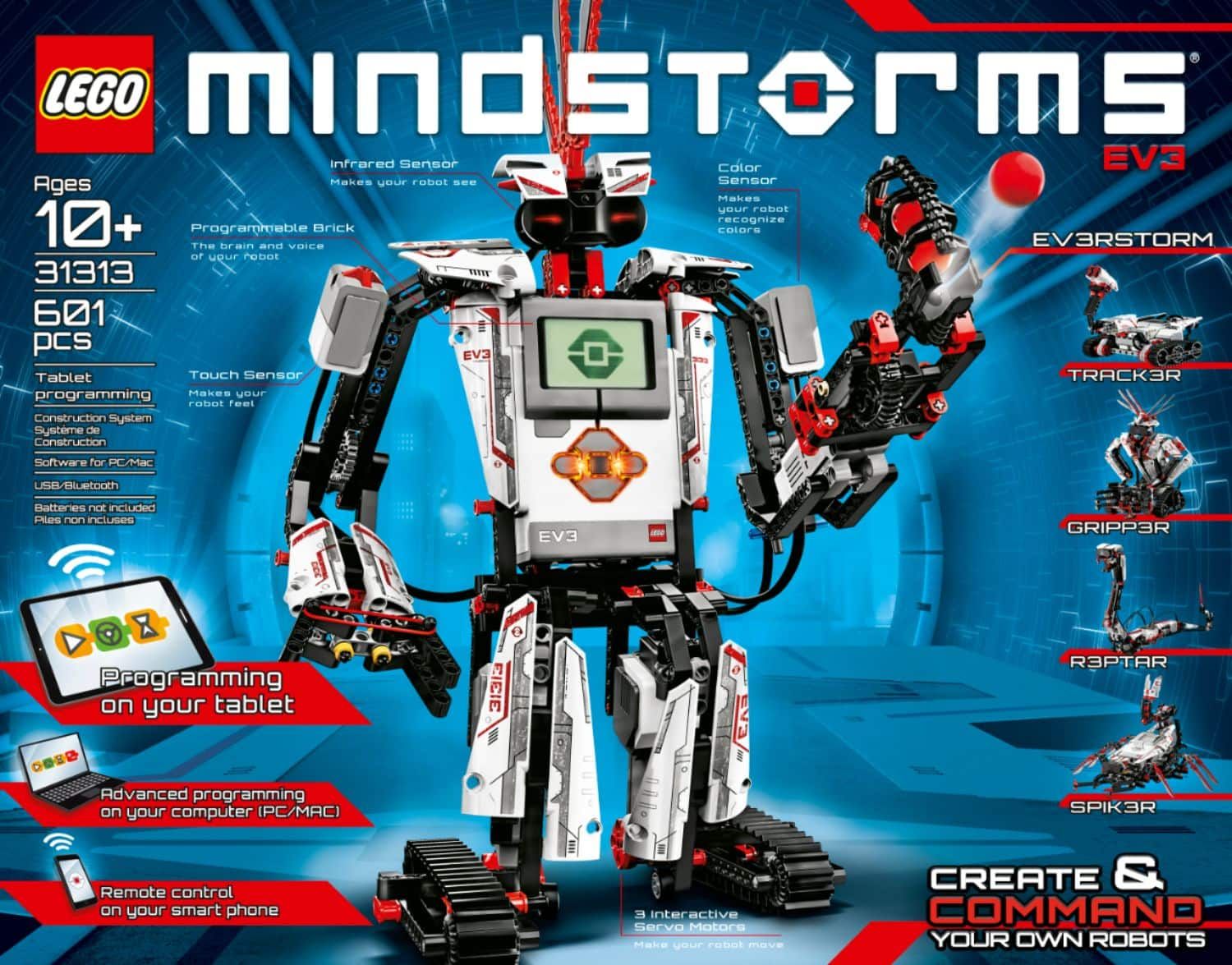 Box art of a LEGO Mindstorms set, showing a bipedal tread-footed robot with a grabbing claw and a ball-launching hand. “Ages 10+”
