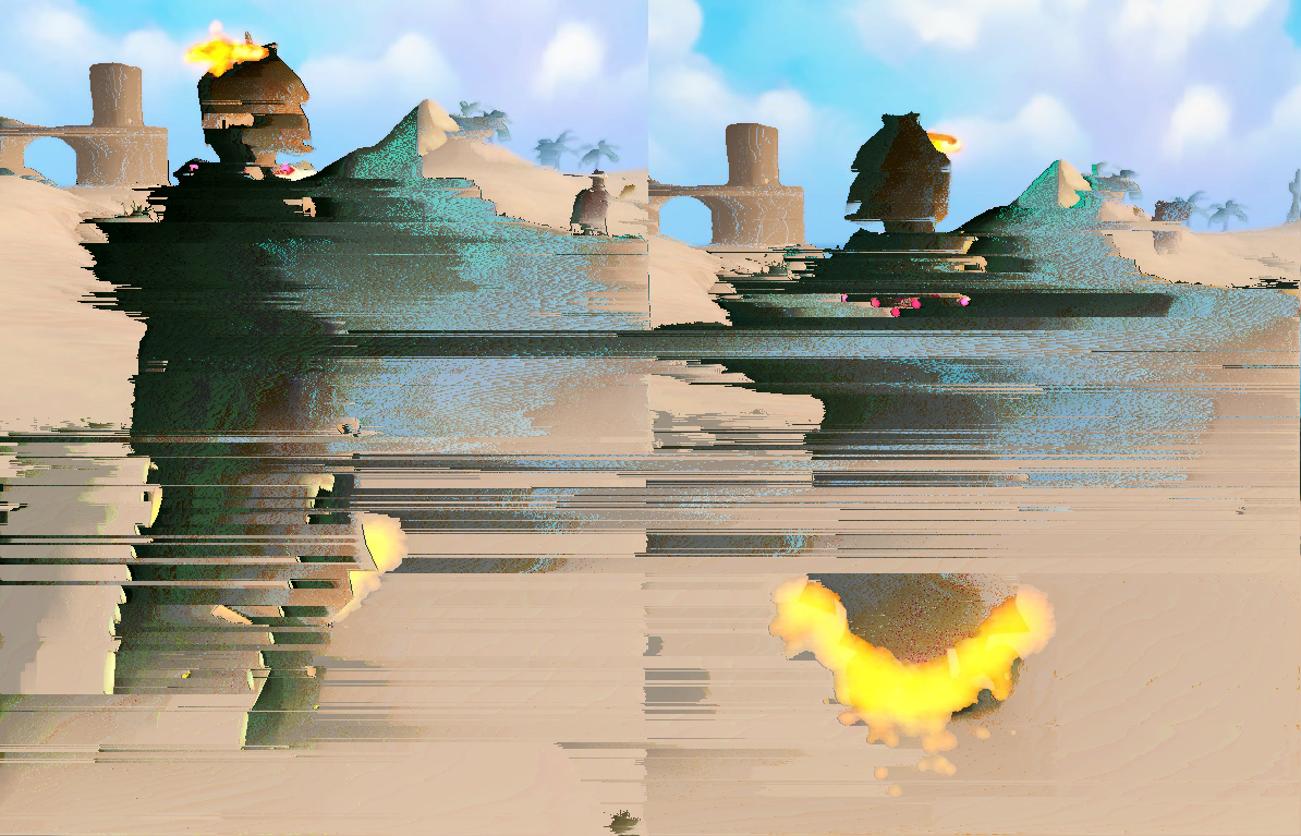 Front and back views of a woman in the desert with twin swords and a flaming cape. The whole image is horizontally distorted.
