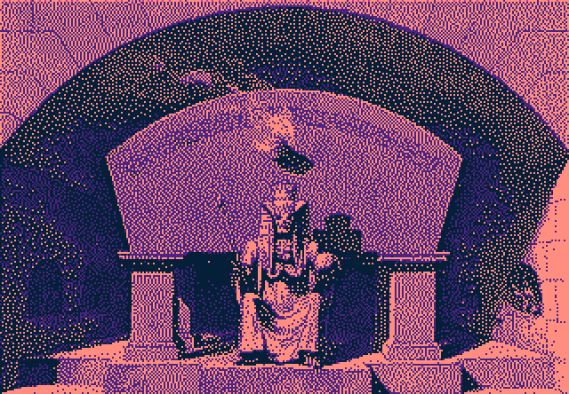 An Egyptian pharaoh, skeletal, sits on a throne with a torch overhead. Feet can be seen in the mortuary niches surrounding. All rendered low-resolution, in purple.