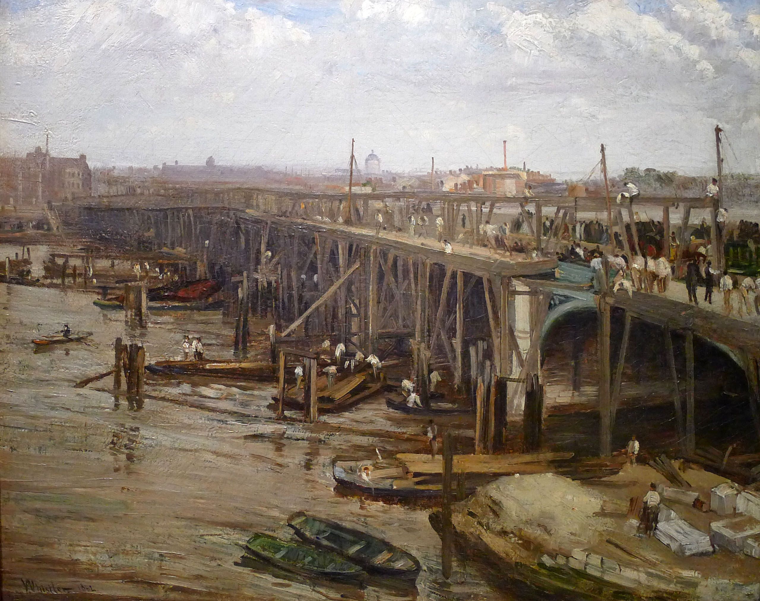 Painting. People throng across a messy wooden bridge, while boats pass underneath.