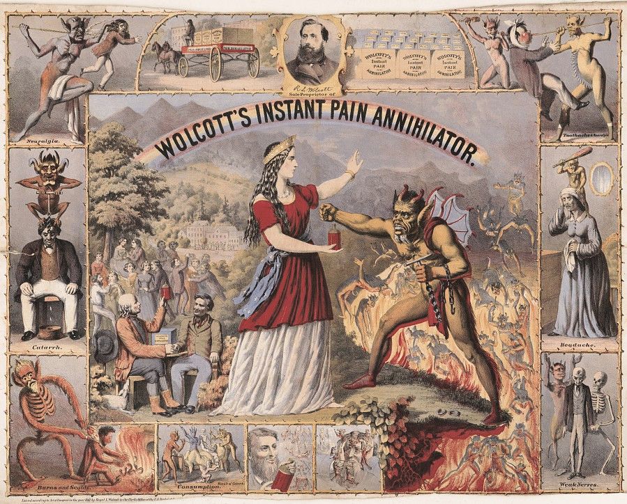 An array of images around the edge, mostly of of devils and skeletons causing pain to others, but in the center, a tall, red-robed woman drives back a winged devil at the head of the forces of hell with only a strong gesture and a red bottle, defending a band of merry-makers. Above them, a rainbow advertises “Wolcott’s Instant Pain Annihilator.”