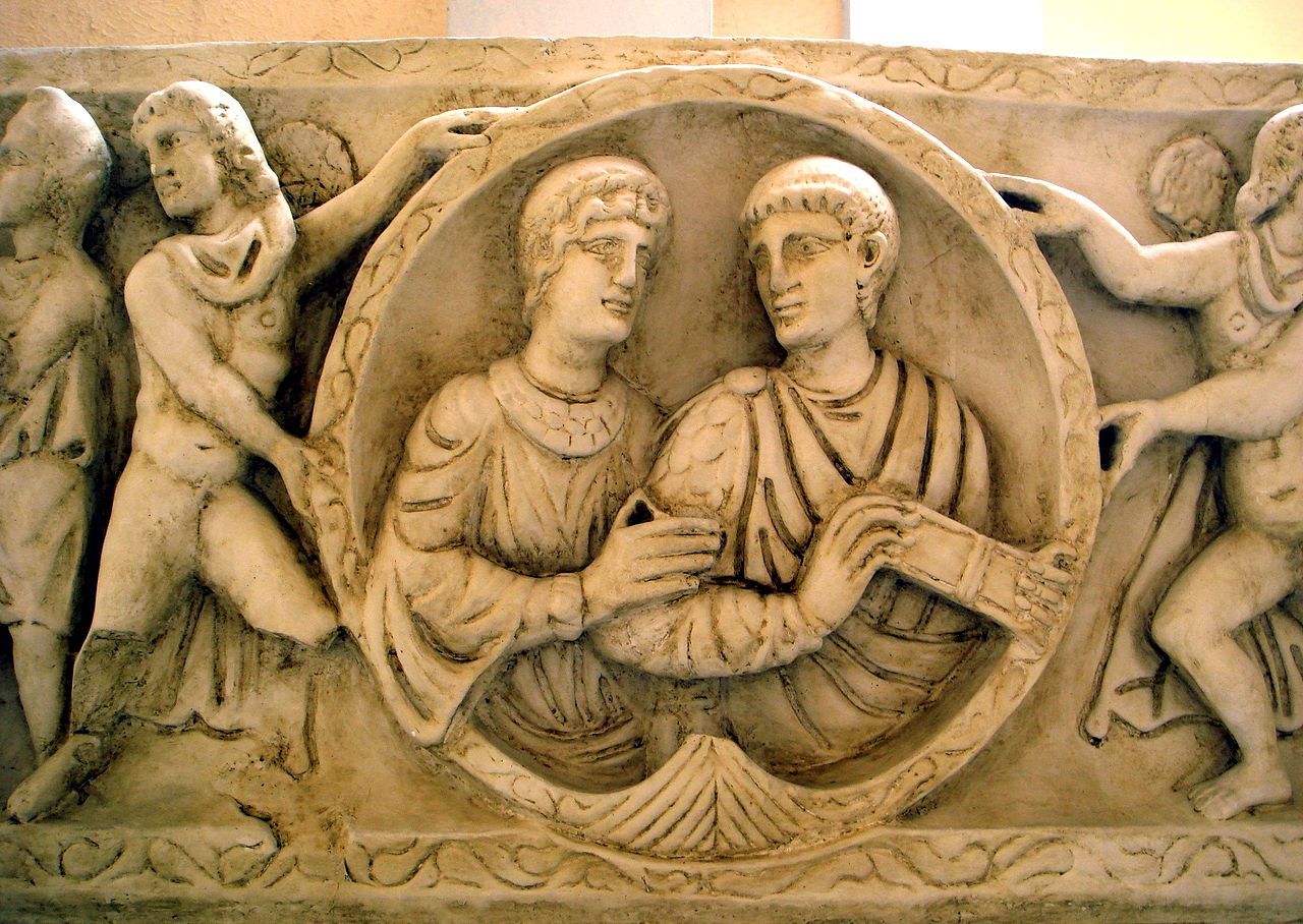 Detail, showing a portrait of a deceased couple, from the upper front side of the cast of so-called Sarcophagus of Stilicho, sculpted around 385 AD.
