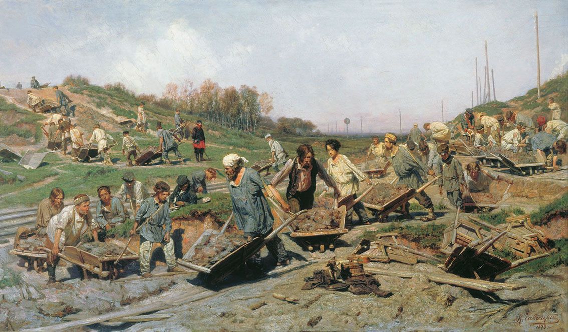 A realistic painting of loosely-clothed work crews moving many wheelbarrows of earth and stone.